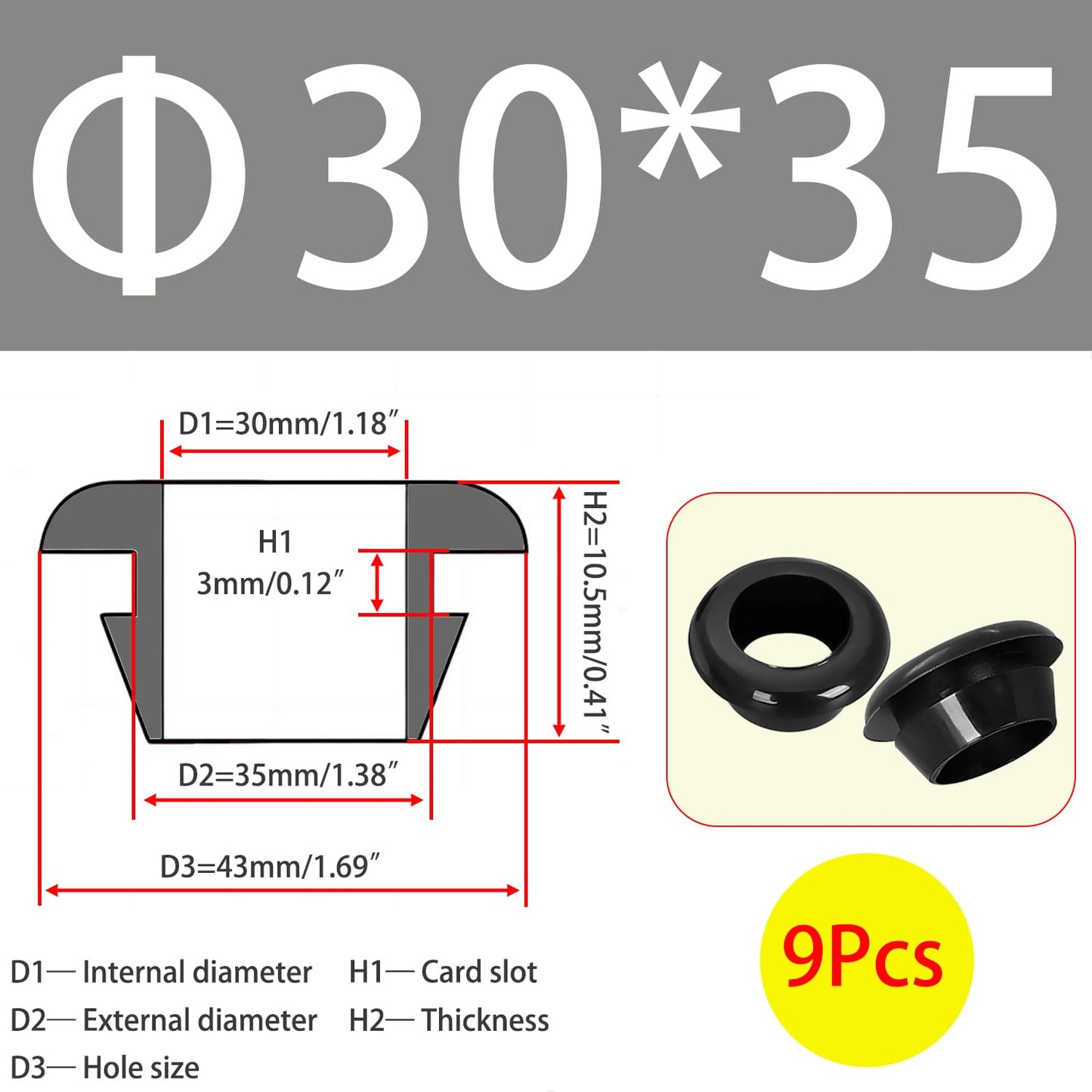 Qrity 9X Rubber Grommets ID 30mm Mount 35mm for Cable