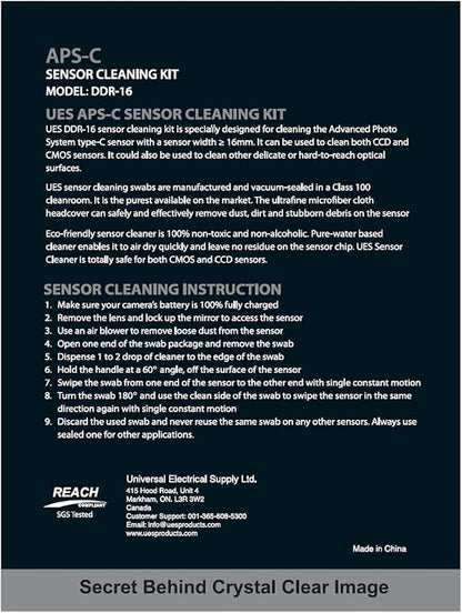 UES DDR16 APS-C Sensor Cleaning Kit for Reflex and Mirrorless Digital Camera Compatible with Sony, Nikon, Canon CCD CMOS Sensor Clean (12pcs x 16mm Swabs and 15ml Sensor Cleaner Solution)