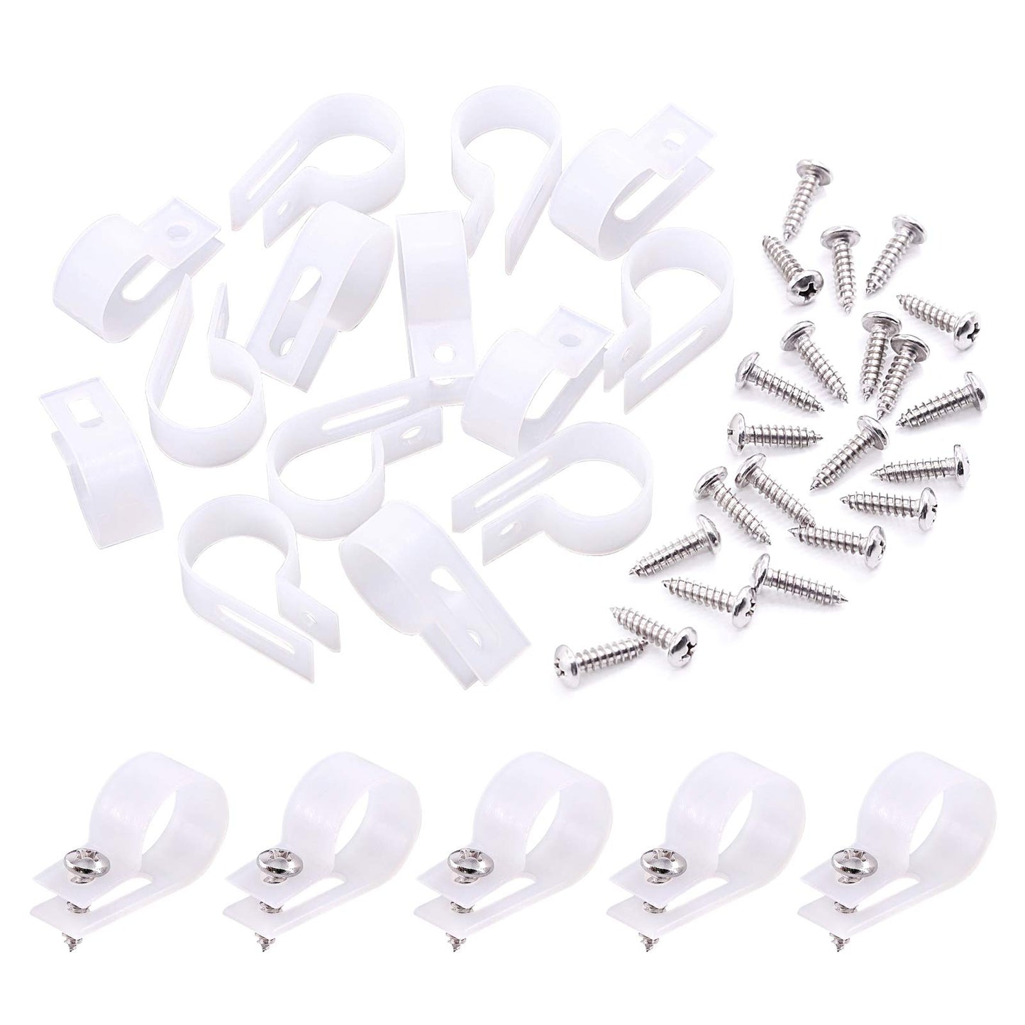 Swpeet 120 Pack White 3/4 Inch Nylon Plastic R-Type Cable Clips Clamp Kit, Nylon Screw Mounting Cord Fastener Clips with 120 Pack Screws for Wire Management (3/4 Inch, White)