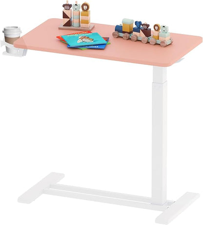 SANODESK Medical Adjustable Overbed Bedside Table with Hidden Casters, Pneumatic Mobile Laptop Computer Standing Desk Cart with Tray, Hospital and Home Use(27.6" W x 15.7" D, Pink)