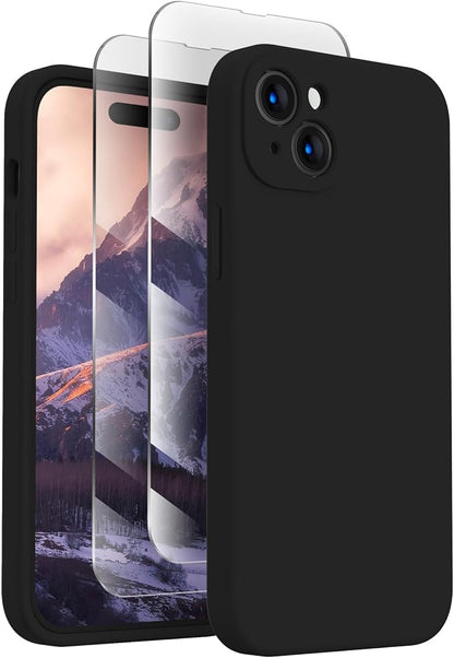 FireNova Designed for iPhone 15 Plus Case, Silicone [Camera Protection] Case with [2 Screen Protectors], Soft Anti-Scratch Microfiber Lining Inside, 6.7 inch, Black