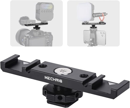 Mechrig Dual Cold Shoe Extension Bar Mount, Aluminum Dual Hot Shoe Mount Bracket with 1/4" Thread & Cable Slot, Cold Shoe Bracket for DSLR Camera LED Video Light Microphone Monitor (62034)