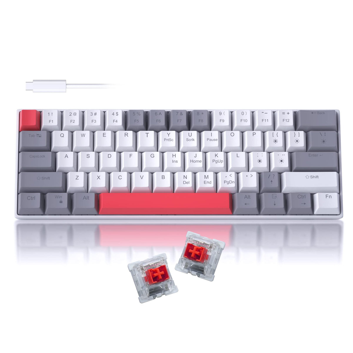Camiysn 60% Mechanical Gaming Keyboard, White Gaming Keyboard with Red Switches, Detachable Type-C Cable Mini Keyboard with Blue LED Light for/PC/Laptop
