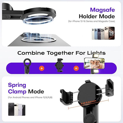 Magnetic Mini Phone Selfie Stick with 2 Fill Light, 360° Rotation Portable Phone Travel Tripod with Remote Control,Magnetic Chuck ＆ Clip Selfie Stick for iPhone Android TIK Tok/Live/Video Recording
