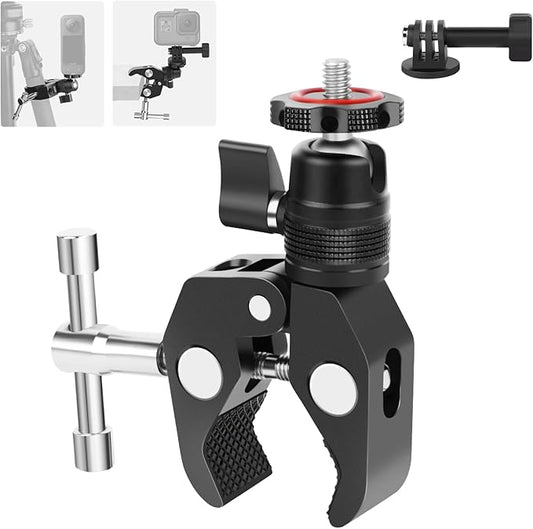 Mechrig Super Clamp Camera Mount with 360° Mini Ball Head, Aluminum Desk Tube Crab Clamp for Monitor/Light/Mic, Bike/Motorcycle Handlebar Mount for Go Pro/Insta360/DJI Action Camera (SY012)