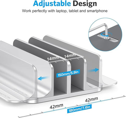 OMOTON [Updated Dock Version] Vertical Laptop Stand, Double Desktop Stand Holder with Adjustable Dock (Up to 17.3 inch), Fits All MacBok/Surface/Samsung/HP/Dell/Chrome Book (Silver)