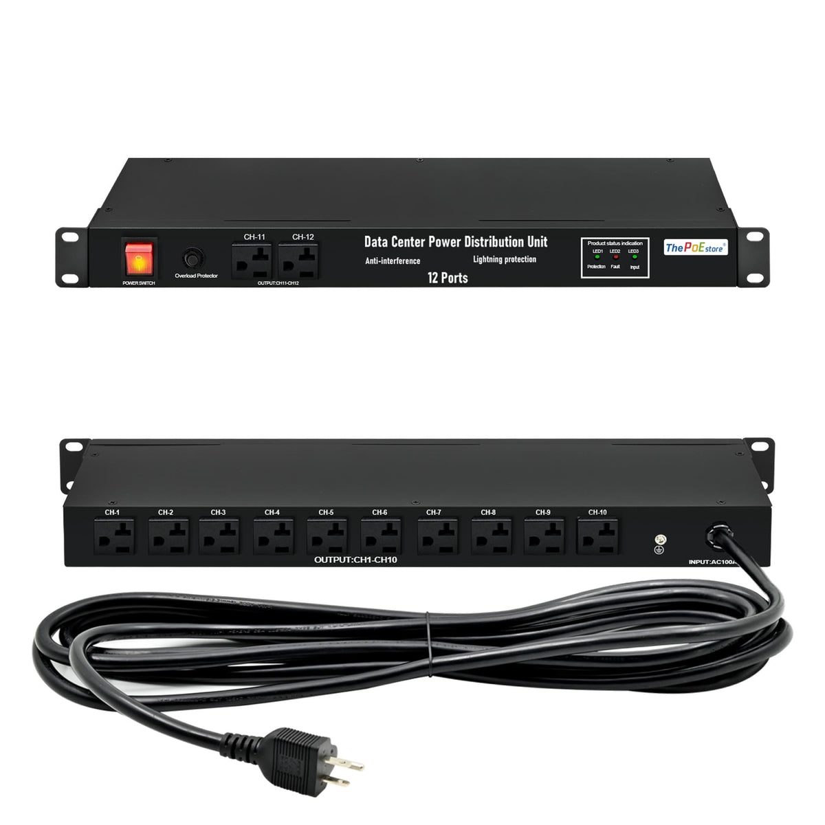 ThePoEstore 1U Horizontal PDU 19" Rack Mount Power Strip - Surge Protector