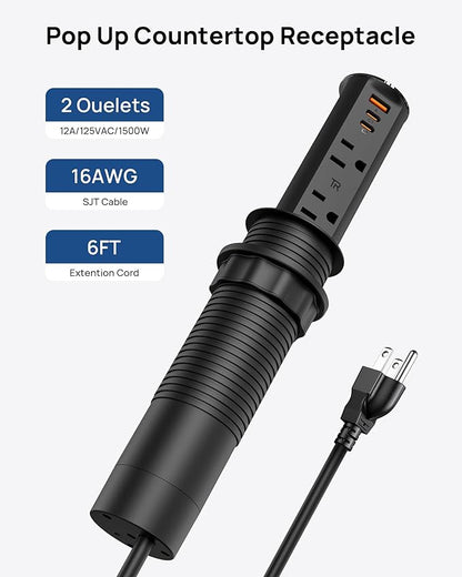 2 Inch Pop Up Outlet for Countertop,Power Grommet 2-inch Desk Wire Hole Insert,20W USB C,2 Outlets,2 USB C/1 USB A,Recessed Outlet,Desk Charging Station (Black, 6 FT Cable)