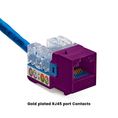 TRUE CABLE Cat5e Keystone Jack, Unshielded (UTP), 90 Degree Punch-Down, PoE++ (4PPoE) 100W, UL Listed, ETL Verified, ANSI/TIA Certified, Modular RJ45 Female, Purple, 48 Pack