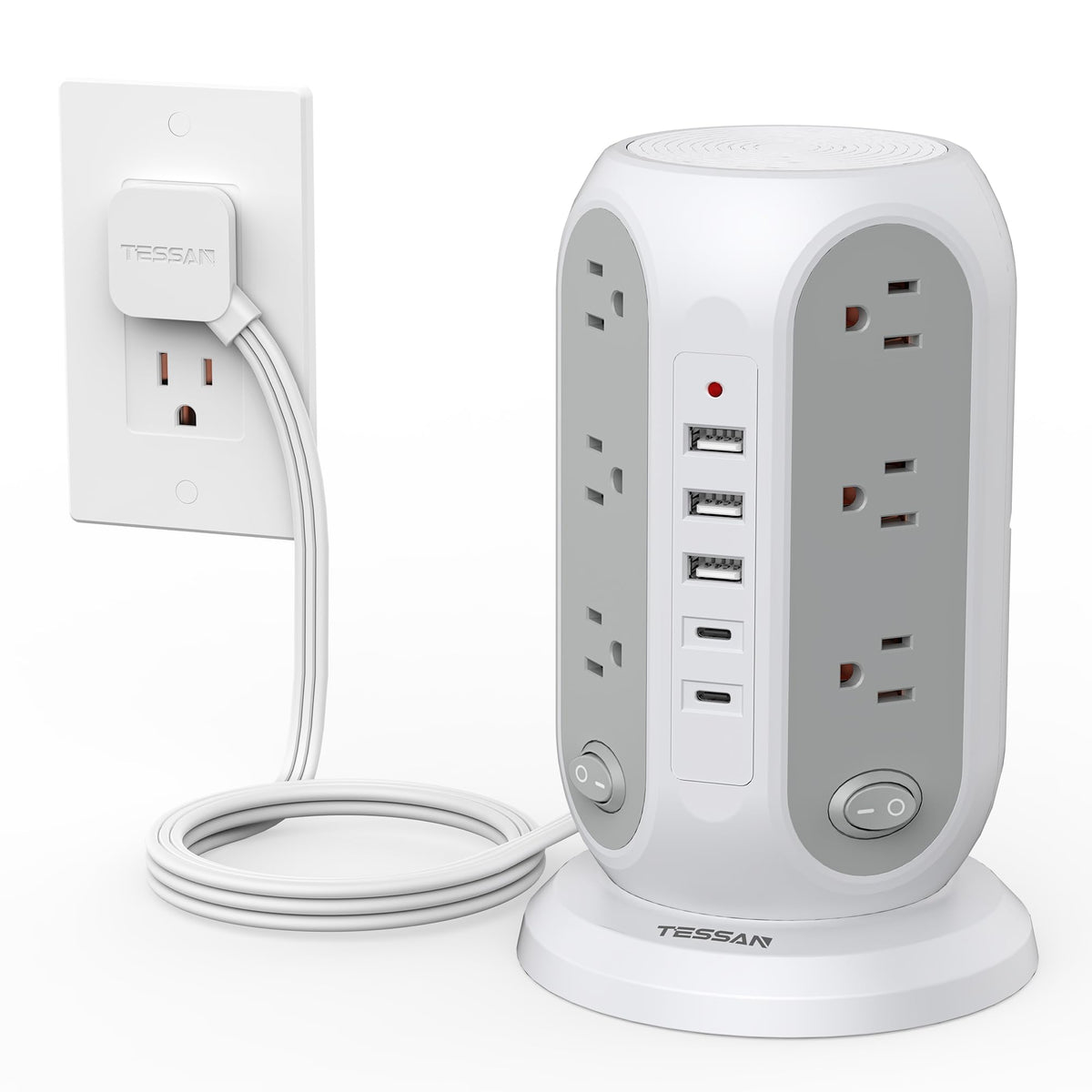 TESSAN Tower Power Strip Surge Protector, Flat Extension Cord 6 Ft, Grey