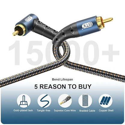 EMK RCA Subwoofer Cable 90 Degree RCA to RCA Audio Cable 24K Gold-Plated Nylon Braided Double Shielded Digital Analogue Supports Amplifiers,Home Theater,Hi-Fi Systems,Subwoofer(6.6ft/2m)