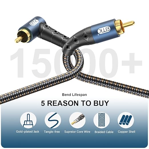 EMK RCA Subwoofer Cable 90 Degree RCA to RCA Audio Cable 24K Gold-Plated Nylon Braided Double Shielded Digital Analogue Supports Amplifiers,Home Theater,Hi-Fi Systems,Subwoofer(10ft/3m)