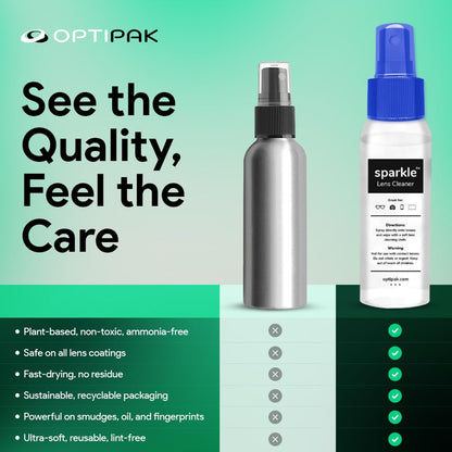 OPTIPAK Sparkle Anti-Reflective Lens Cleaner Spray kit | (1) 1oz Glasses Cleaner Spray + (1) Microfiber Cloth for Eyeglasses, Sunglasses, Lenses, Screens and Camera Cleaning Kit (2 Piece Set)
