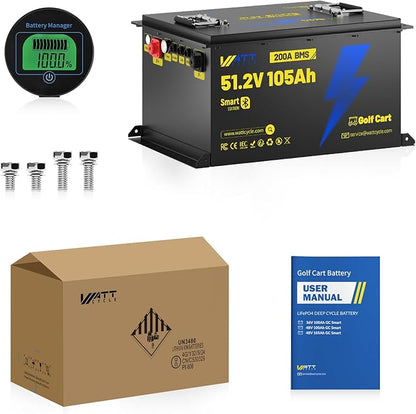 48V(51.2V) 105Ah LiFePO4 Lithium Battery for Golf Cart, Built-in Bluetooth & LCD Display, 200A BMS, Range of 70 Miles 15000+ Deep Cycles LiFePO4 Lithium Batterys