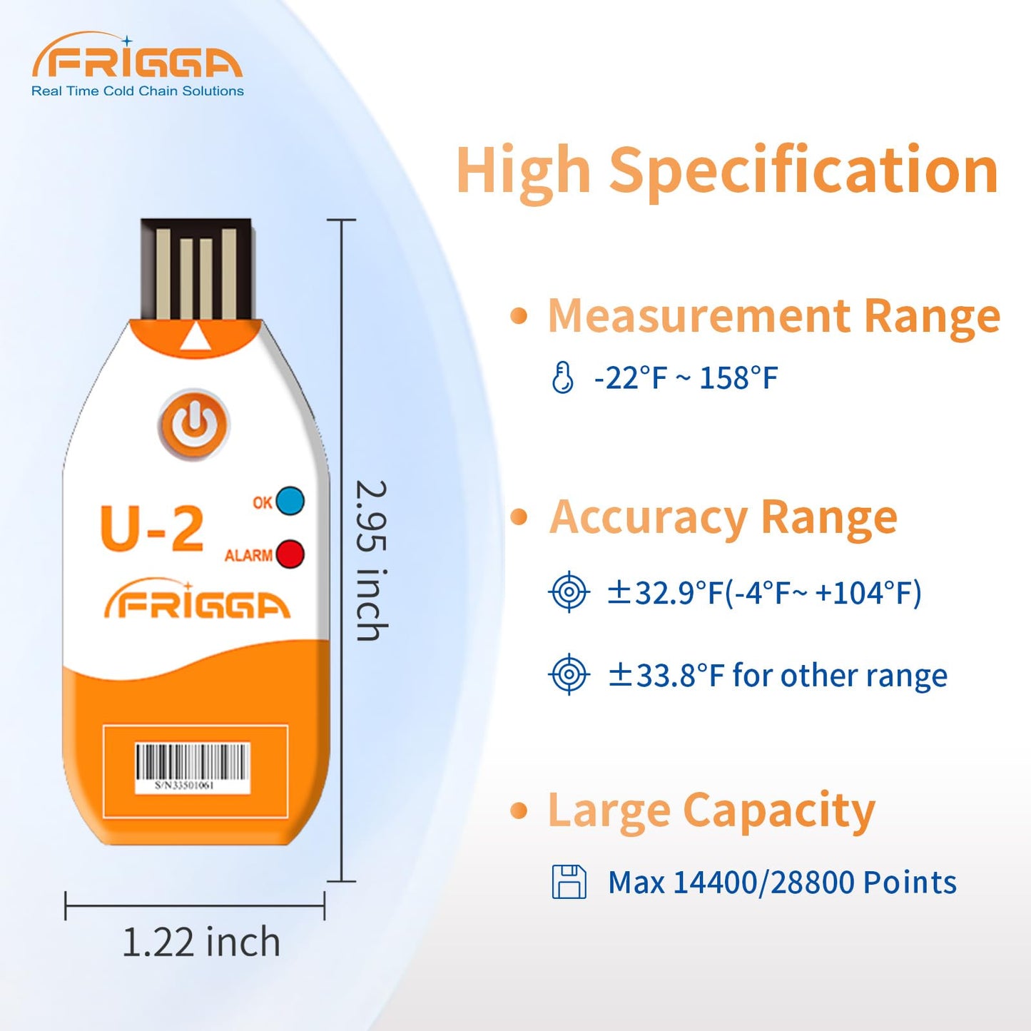 Frigga 50 Pack 100 Days USB Temperature Data Logger Single Use Temperature Recorder High Accuracy Thermometer Monitor 14400 Points with PDF CSV Report, U2