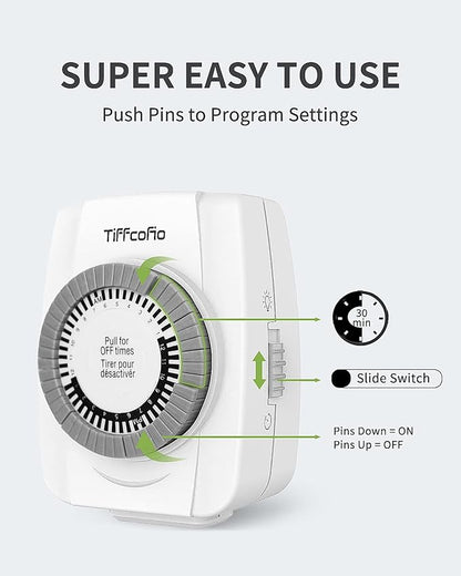 TiFFCOFiO Indoor Mechanical Outlet Timer, 3 Prong Timers for Electrical Outlets, 24-Hour Programmable Plug in Light Timer, ETL Listed (1 Pack)