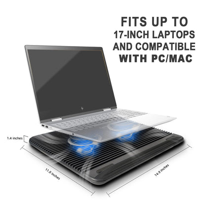 Laptop Cooling Pad, Coolertek USB Powered Laptop Cooler, 2 Blue Silent Big Fans, Height Adjustable Non-Slip Laptop Stand with Dual USB 2.0 Ports, Fits 11-17 Inch Notebook - Black (N2)