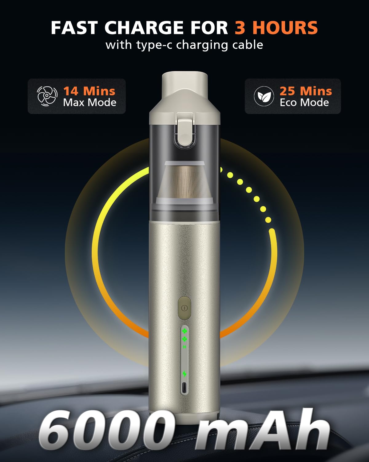 NOVARHOME Car Vacuum Portable with 16000Pa Powerful Suction, Handheld Vacuum Cordless Rechargeable Blow & Suction 4 in 1, Small Vacuum Cleaner for Car, Outdoor, Home, Office (Gold Renew)