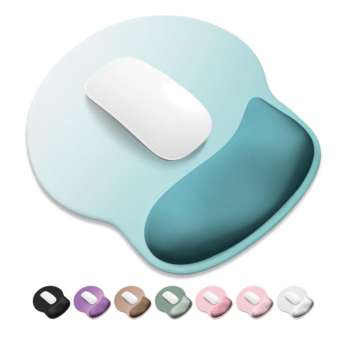 ITNRSIIET Ergonomic Mouse Pad with Wider Memory Foam Wrist Rest +17% - Curved Cushion Reduces Pressure 20%, Pain Relief, Non-Slip, Smooth, Cute Colors, 9.85 x 9 in, White