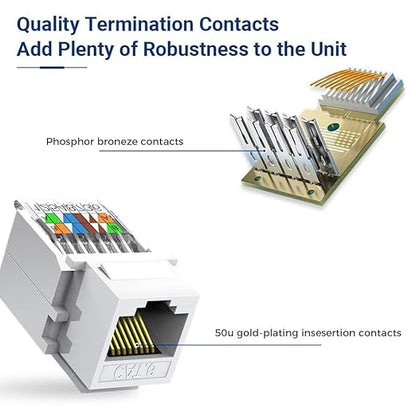 50-Pack Cat6 Tool-Less RJ45 Keystone Jack, No Punch-Down Tool Required Module Coupler, White