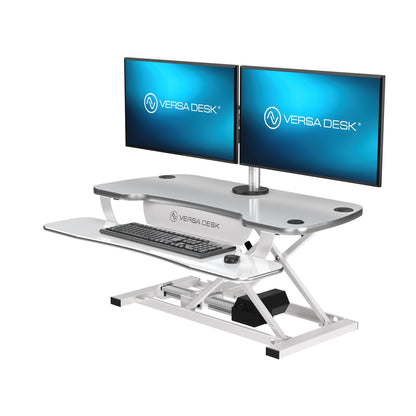 VERSADESK PowerPro 36 Inch Electric Standing Desk Converter – Push-Button Height Adjustable Sit to Stand Desk Riser for Dual Monitors & Laptop – Motorized Desktop Workstation with Wide Keyboard Tray