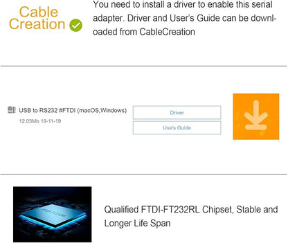 CableCreation USB to RS232 Serial Adapter (FTDI Chip), 10 Feet USB to DB9 Female Converter Cable for Windows 11, 10, 8.1, 8, 7, Vista, XP, 2000, Linux and Mac OS X, macOS, 3 Meters/Black