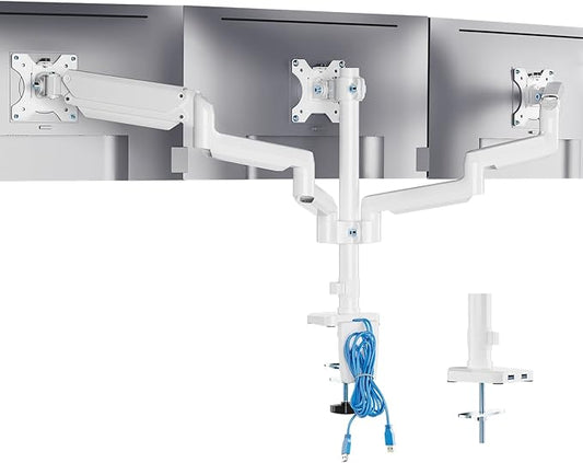 WALI White Triple Monitor Mount, 3 Monitor Desk Mount for Multi Screens from 13 to 27inch with Arm, Fully Adjustment Arm with Tilt, Swivel, Rotate VESA Mount 75x75,100x100mm(GSDM003W-U)
