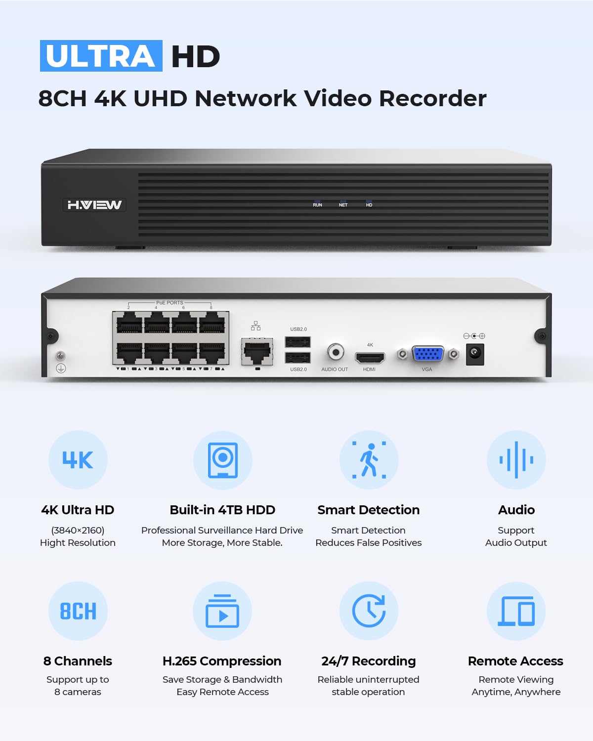 H.VIEW 8MP Security Camera System 4TB HDD, 8pcs POE Security Camera System 4k Outdoor, 8X 8MP Wired Outdoor IP Cameras with Two-Way Audio, Human AI Detection, Cameras System for Home Security