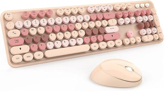 KOOTOP Wireless Keyboard and Mouse, Cute Keyboard and Mouse Combo with Retro Round Keycap, 2.4G Connectivity for PC, Mac, Laptop, Computer Windows (Milk Tea)