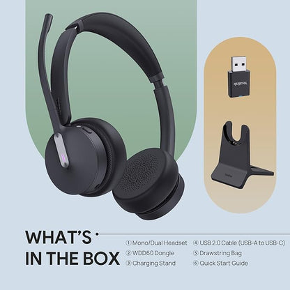 Yealink WH64 Hybrid DECT& Bluetooth Wireless Headset, 492ft Range Mono Teams UC Headphones with DECT Dongle & Charging Stand, 3X Mic, 26H Talk Time,Portable Single Headsets for PC,Cellphone,Laptop