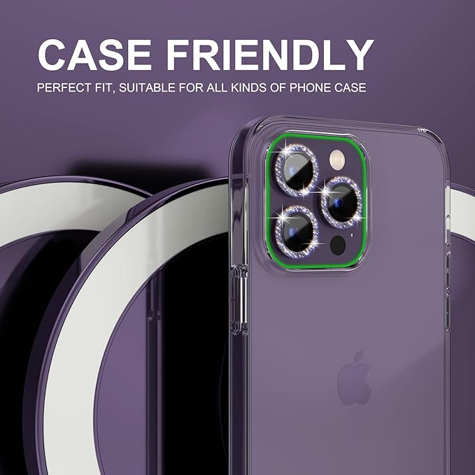Choiche [3+1 for iPhone 14 Pro/iPhone 14 Pro Max Camera Lens Protector Bling, 9H Tempered Glass Camera Cover Screen Protector Metal Ring Decoration Accessories (Glitter-Purple)