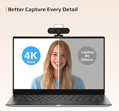 5-in-1 Design 4K Webcam with Speaker and Microphone, Built-in Light, Privacy Cover, AI Auto-Framing Cam, Computer USB C Web Camera for PC, Desktop, Laptop, Mac, Streaming, Video Conference