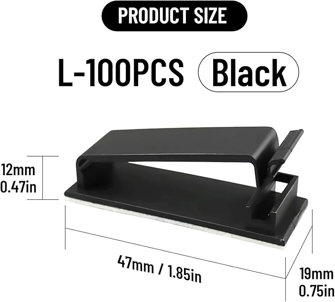 Adhesive Cable Clips Holder, Outdoor Light Clips, Black Cord Wire Clips, Sturdy Nylon Cord Wall Finisher Wire Clamp for Home, Car, Office Desk Wire Management (Black, L-100 PCS)