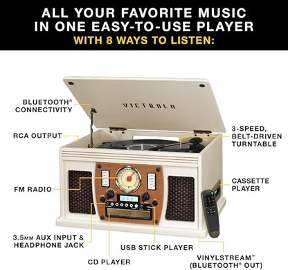 Victrola Navigator 8-in-1 Bluetooth Record Player with Built-in Speakers– 3 Speed Turntable, CD Player, Cassette, FM Radio, USB, RCA Out, Headphone Jack, Wireless Music Streaming, Real Wood (Mahogany)