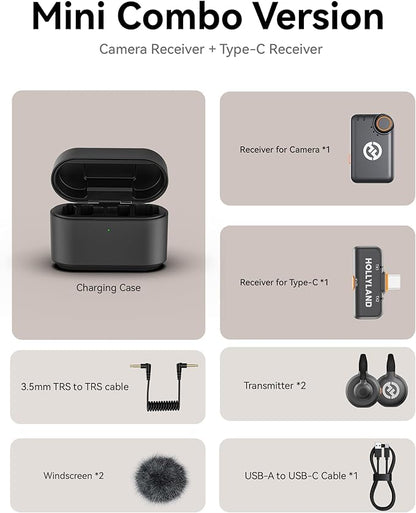 Hollyland Lark M2S Mini Combo (Camera RX+Type-C RX) Wireless Microphone for Camera/iPhone/Android/Laptop, 7g Lightweight, Titanium Clip, 300m Range, Content Creators, Online-Teaching, Streaming