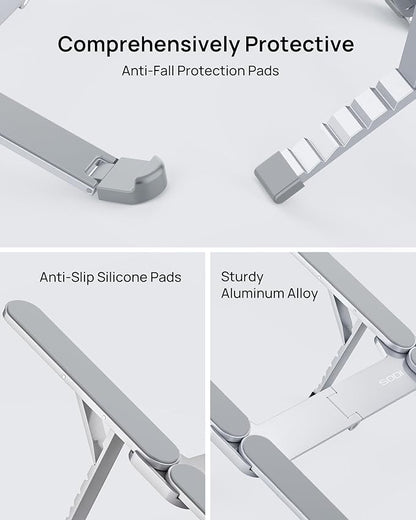 SODI Ultra Compact Foldable Laptop Stand - Portable Laptop Holder for Desk & Travel Use, Ergonomic Aluminum Computer Holder with Adjustable Height for MacBook, Tablet 10-16" (Light Gray, Bi-Fold)