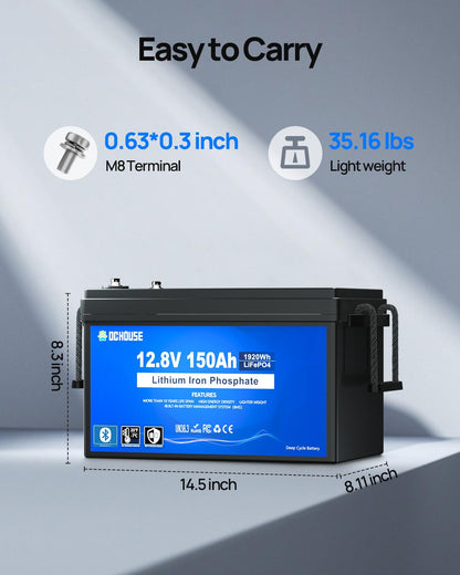 DC HOUSE 12V 150Ah LiFePO4 Lithium Battery with SOC Status Indicators, Bluetooth & Low Temp Cut-off, 12V Lithium Battery up to 15000 Cycles, 120A BMS Perfect for Trolling Motors, Marine, Solar, RV