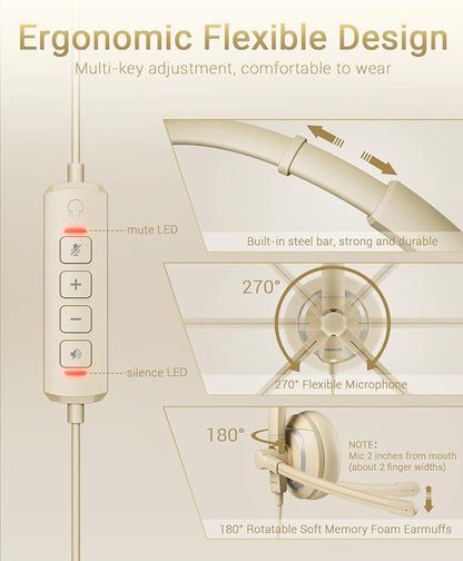 USB Headset with Microphone for PC Laptop - Headphones with Noise Cancelling Microphone for Computer,On-Ear Wired Office Call Center Headset for Boom Skype Webinars,Lightweight-Apricot