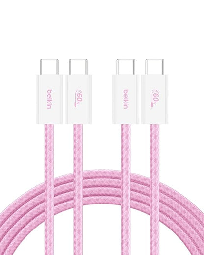 Belkin USB C to USB C Cable 2-Pack, 6.6ft, 60W - Type C Charger, iPhone Charger Cord, Soft, Braided, Flexible for iPhone 16, Galaxy S25, Pixel 9, Airpods, iPad Pro & More, Travel Essentials - Pink