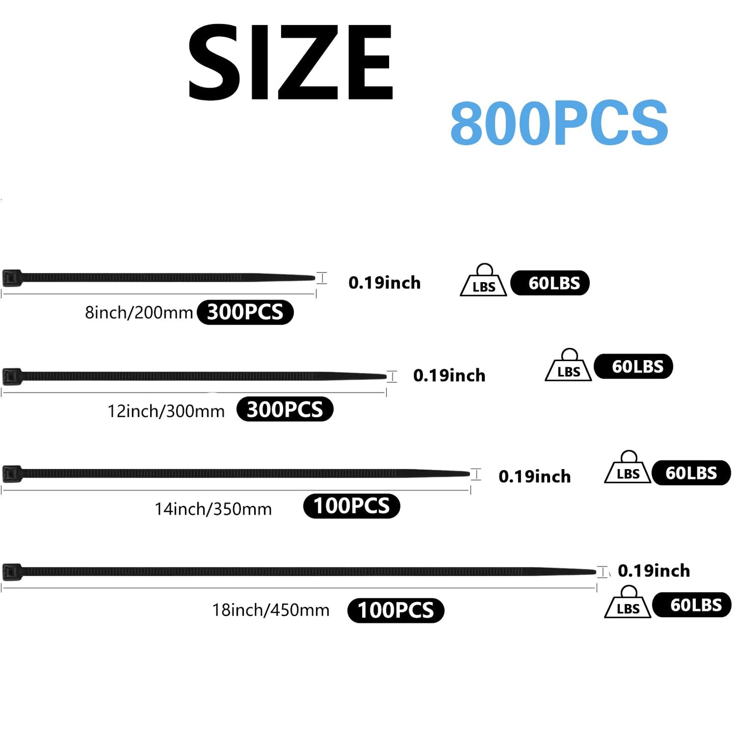 MasiStranth 800 PCS Black Zip Ties Assorted Sizes 8+12+14+18 Inch Self-locking Nylon Cable ties Heavy Duty Outdoor, UV Resistant Wire Straps for Home Office Garden Workshop Indoor Outdoor Fence