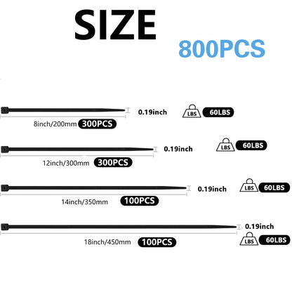 MasiStranth 800 PCS Black Zip Ties Assorted Sizes 8+12+14+18 Inch Self-locking Nylon Cable ties Heavy Duty Outdoor, UV Resistant Wire Straps for Home Office Garden Workshop Indoor Outdoor Fence