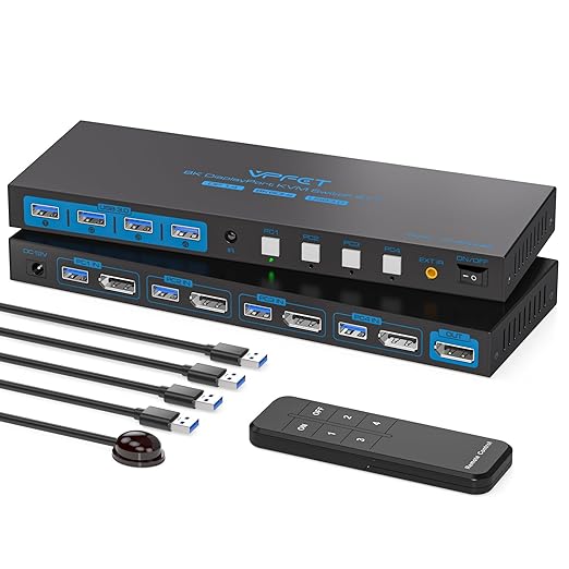 8K DP KVM Switch 4 Computers 1 Monitor USB3.0 KVM Switches 4 in 1 Out for 4 Computers Share 1 Monitor and Keyboard Mouse etc