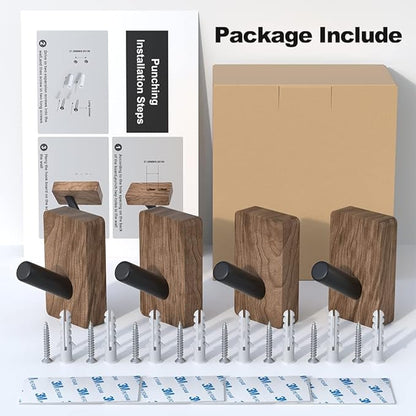 4 PCS Black Walnut Wood Wall Hooks, Adhesive Mounted & Wall Mounted Rustic Decorative Entryway Hooks, Mid Century Modern Natural Wooden Pegs for Hanging Coat Clothes Hat Bag Purse and Towel