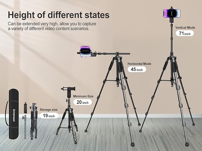 Elitehood Ultra-Stable Overhead Tripod for iPhone – Heavy Duty Aluminum iPhone Tripod Stand, 360°Adjustable & 25in Horizontal Long Phone Arm, Tall Phone Holder Stand Mount for Recording