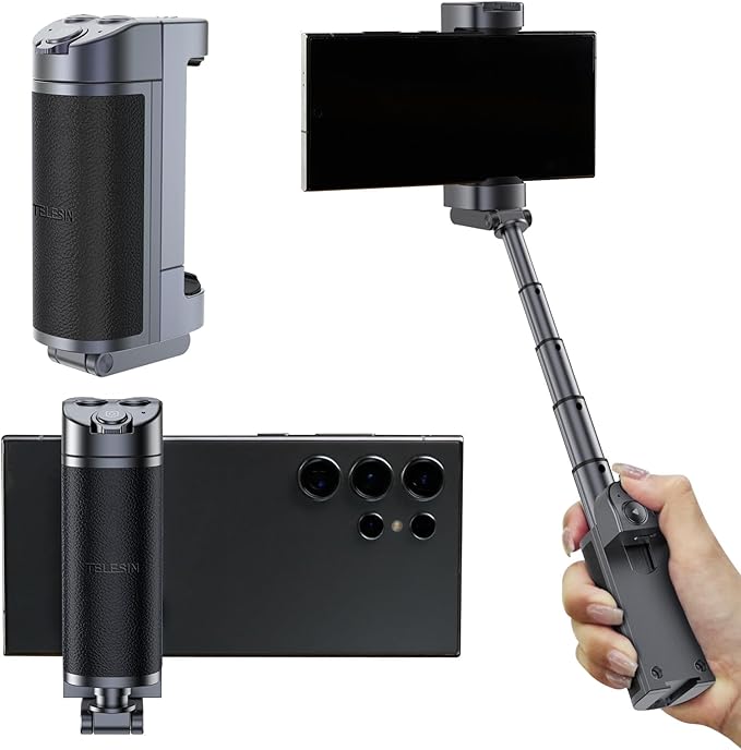TELESIN° Smartphone Grip Selfie Stick, Bluetooth Mobile Phone Handle Holder, Mobile Phone Shutter Grip with Detachable Remote for One-Handed Control Compatible Samsung Android Video Shooting