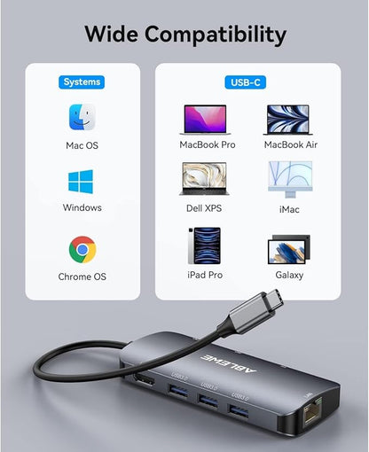 ABLEWE USB C Hub Ethernet, 8 in 1 Multiport USB C to HDMI Adapter 4K@60Hz,1000Mbps, 100W PD, SD/TF Card Reader, 3 USB 3.0 Ports, Docking Station Compatible for MacBook, Tablet, Phone, Type C Devices
