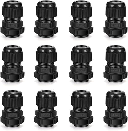 Cable Gland 12 Pack 1/2" NPT Waterproof Adjustable Connector Strain Relief Cord Connectors Joints Nylon with Gaskets…