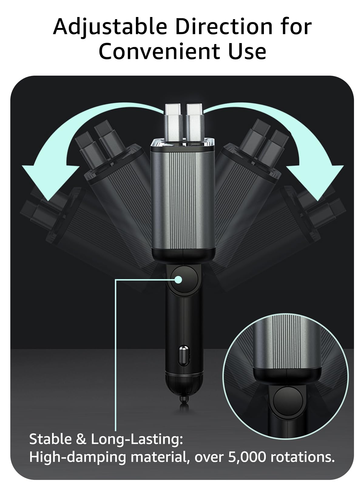 PDMAX Retractable Car Charger USB C,145W Type C Car Charger Fast Charging with Dual Retractable USB C Cable and USB Ports for iPhone 17/16/15,S25/24/23/22, Pixel 9/8/7(Build-in Dual Type C Cable)