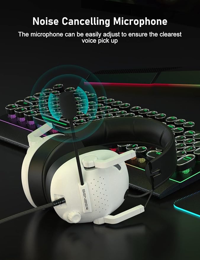SENZER SG500 Surround Sound Pro Gaming Headset with Noise Cancelling Microphone - Soft Memory Foam Padding - Portable Foldable Headphones for PC, PS4, PS5, Xbox One, Switch - White