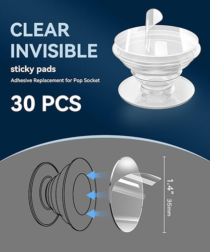 30 Pack Super Sticky Adhesive, Clear Invisible Adhesive Replacement for Pop Socket Base, 1.4 Inch Non-Damaging Double Sided Tapes for Phone Collapsible Grip & Stand Back